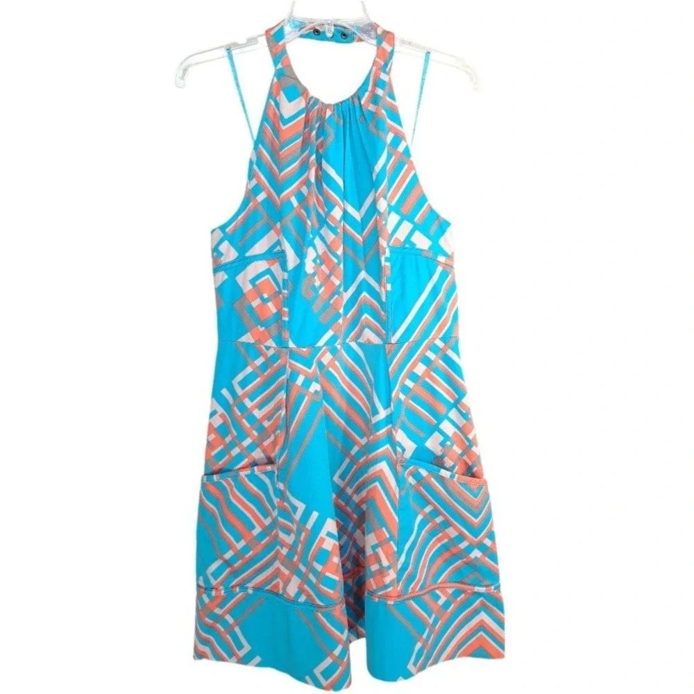Jessica Simpson Dress Size 14 Blue Geometric Halter Pockets Stretch Cotton Lined